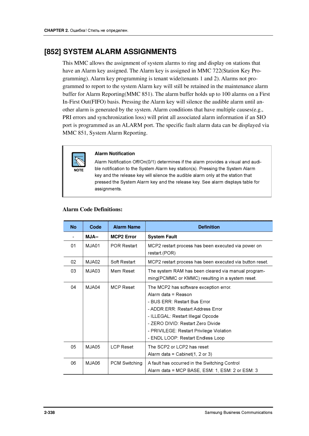 Samsung 7100 manual System Alarm Assignments, Alarm Notification, Code Alarm Name Definition MJA MCP2 Error System Fault 