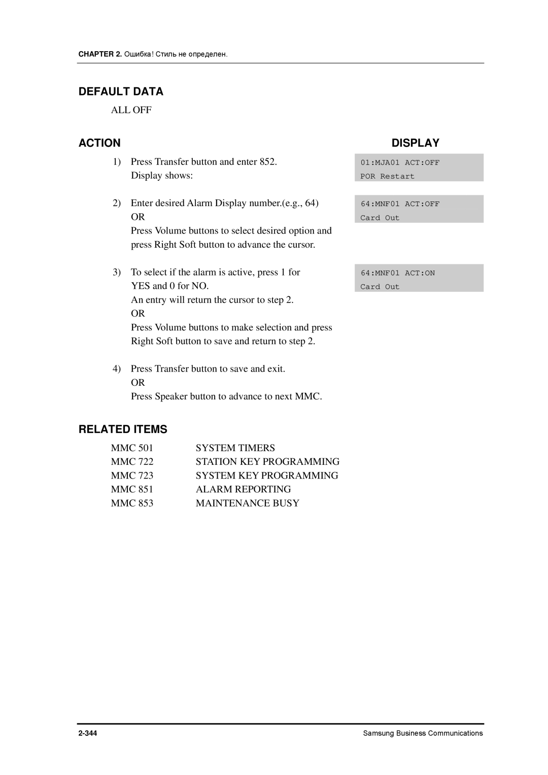 Samsung 7100 manual All Off, Alarm Reporting, Maintenance Busy 