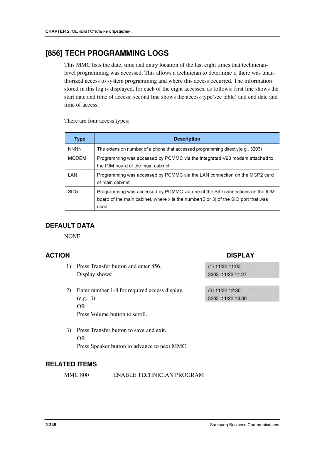 Samsung 7100 manual Tech Programming Logs, Nnnn, Lan 