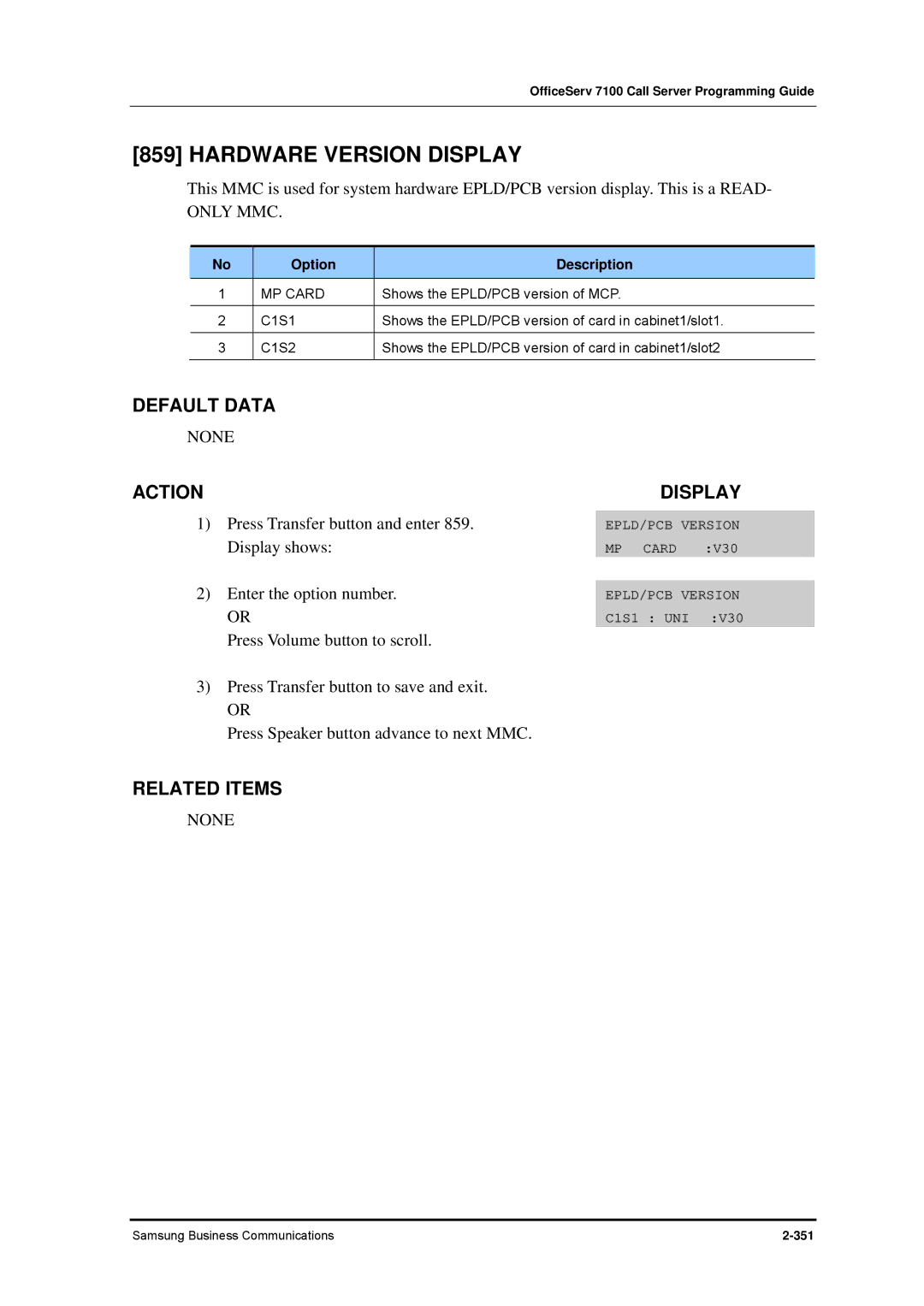 Samsung 7100 manual Hardware Version Display, Only MMC, MP Card 