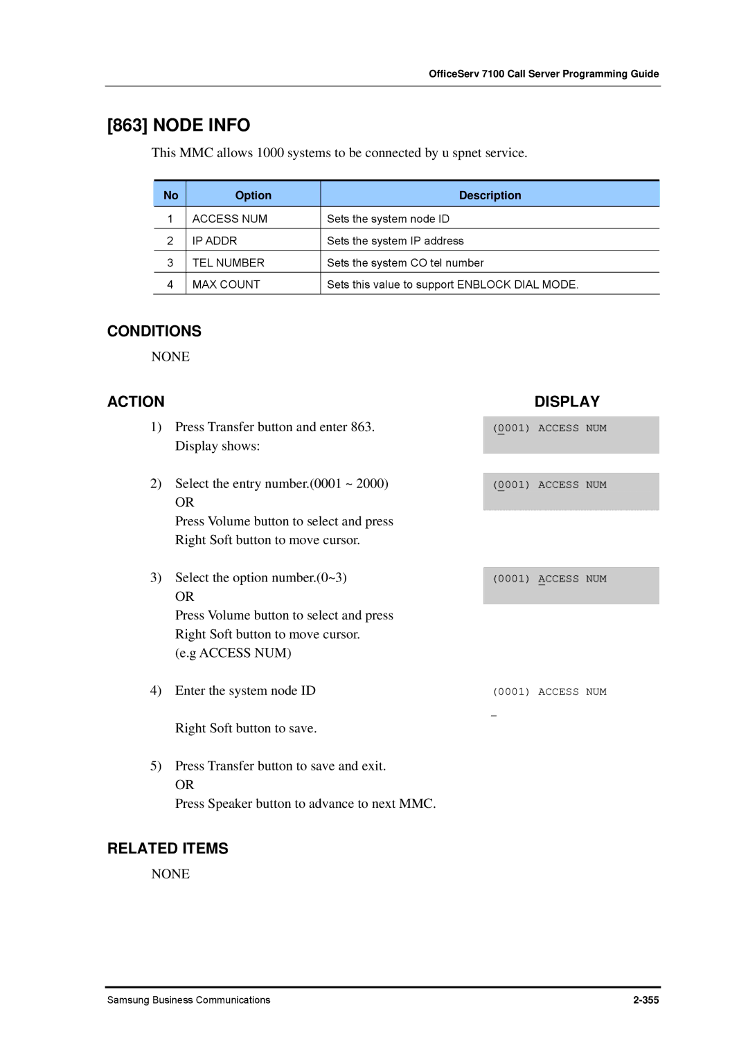 Samsung 7100 manual Node Info, Access NUM, TEL Number, MAX Count 