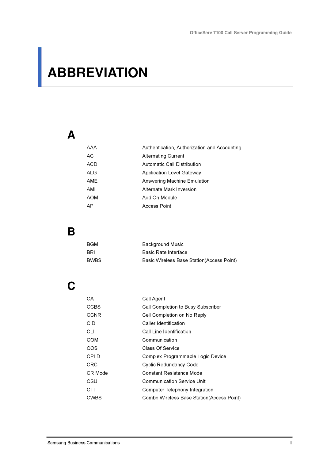 Samsung 7100 manual Aaa, Acd, Alg, Ame, Ami, Aom, Bgm, Bri, Bwbs, Com, Cpld, Crc, Csu, Cti, Cwbs 