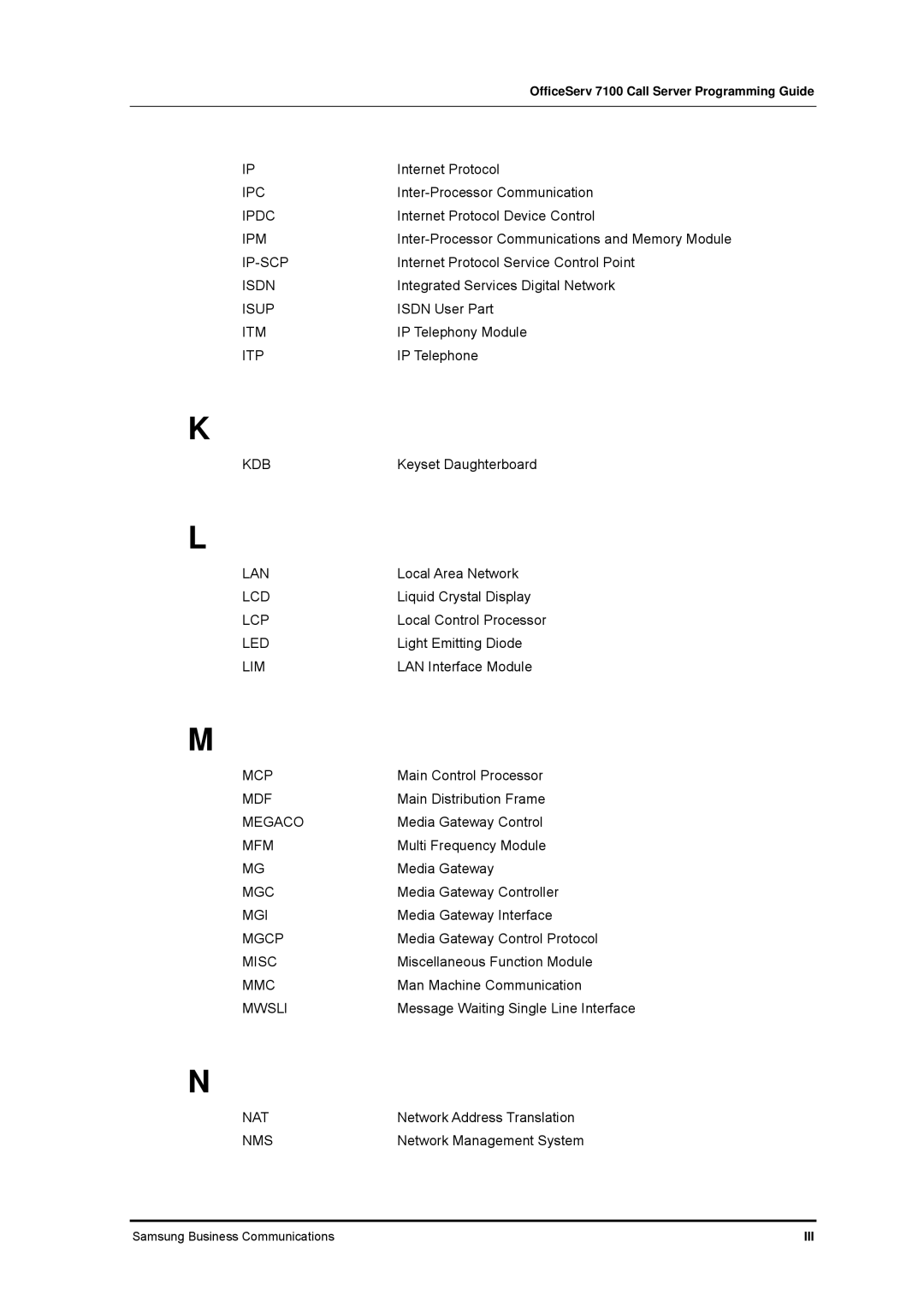 Samsung 7100 Ipc, Ipdc, Ipm, Ip-Scp, Isup, Itm, Kdb, Lcd, Lcp, Led, Lim, Mcp, Mdf, Megaco, Mfm, Mgcp, Misc, Mwsli, Nat 