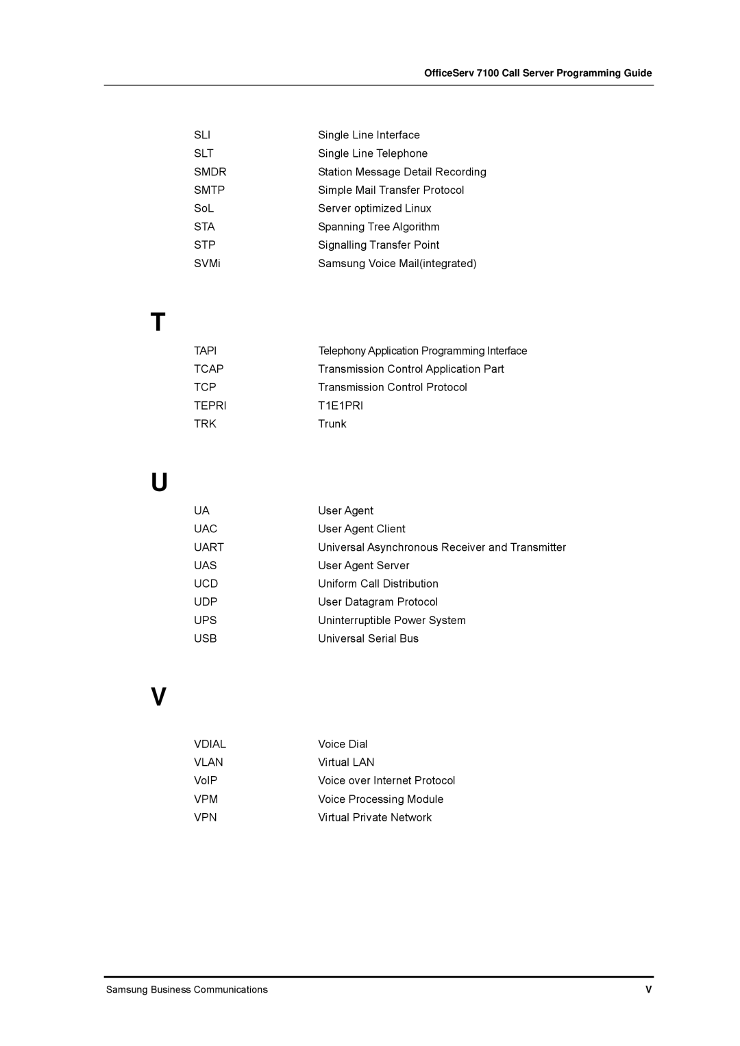 Samsung 7100 Sli, Smdr, Smtp, Sta, Stp, Tapi, Tcap, Tcp, Tepri T1E1PRI TRK, Uac, Uart, Uas, Ucd, Ups, Usb, Vdial, Vlan 