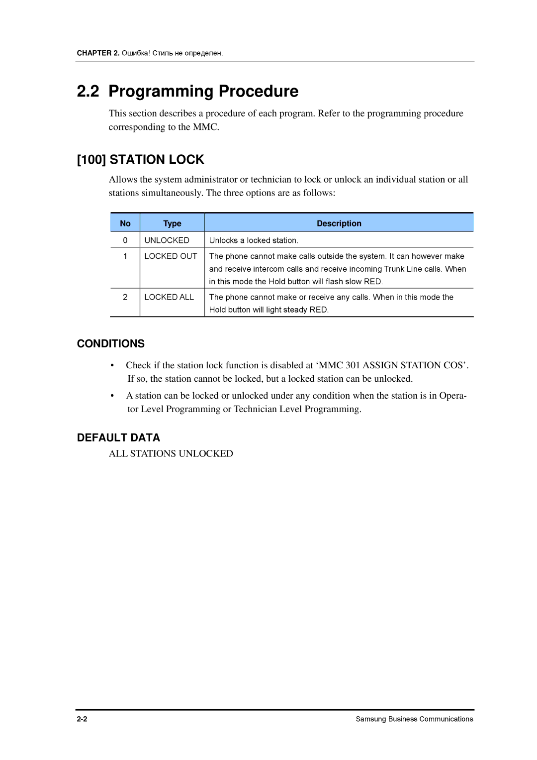 Samsung 7100 manual Station Lock, ALL Stations Unlocked, Type Description 