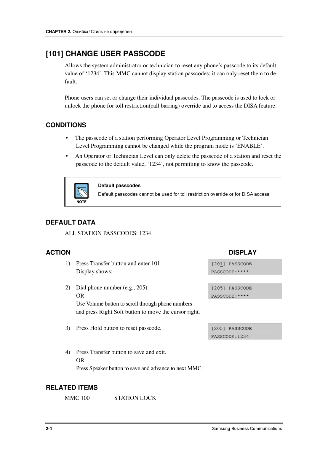 Samsung 7100 manual Change User Passcode, ALL Station Passcodes, Default passcodes 