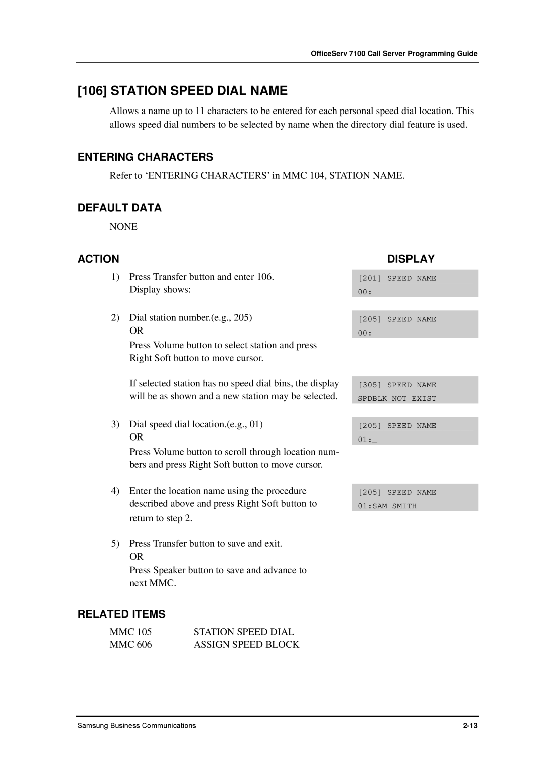 Samsung 7100 manual Station Speed Dial Name 