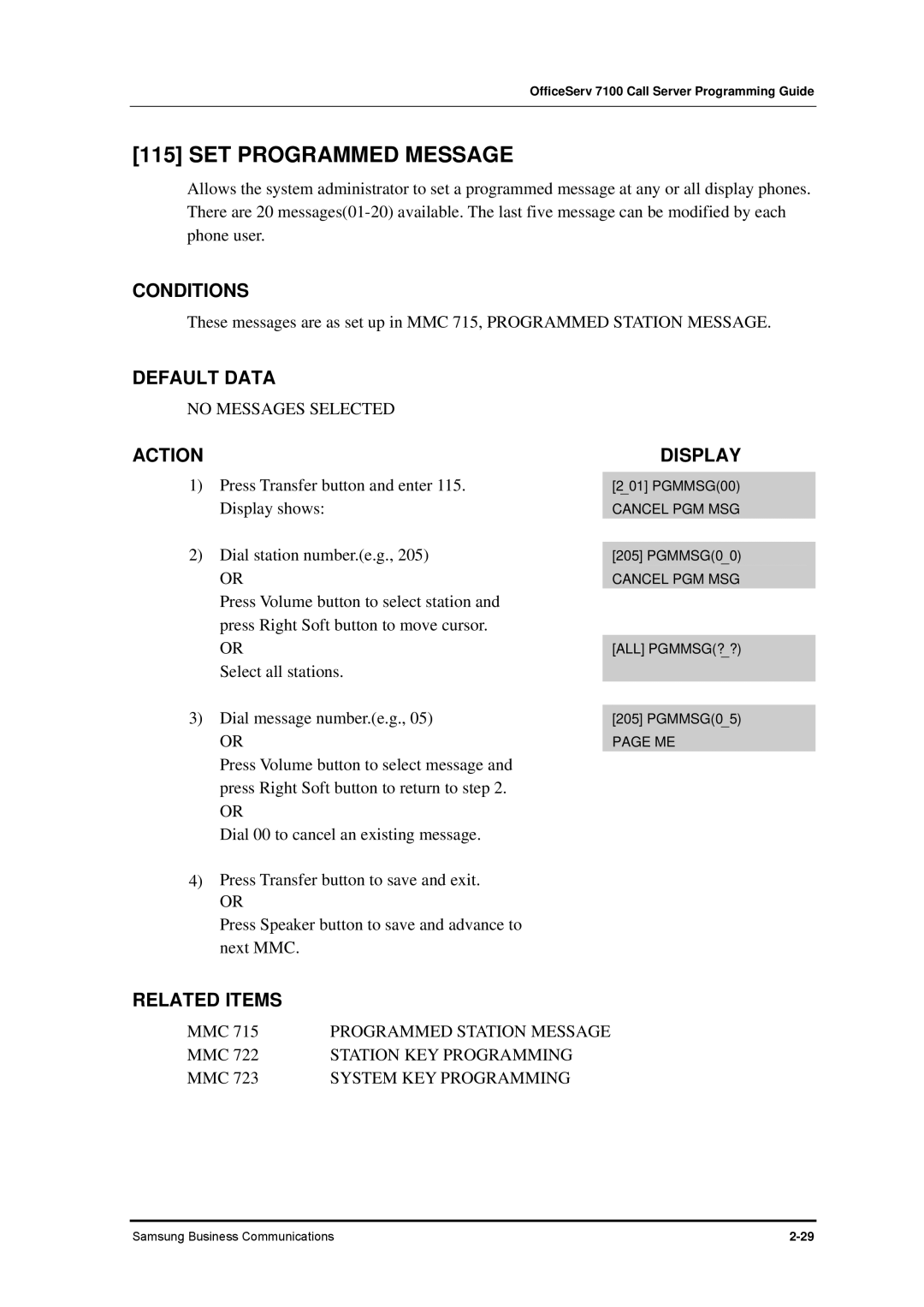 Samsung 7100 manual SET Programmed Message, No Messages Selected 