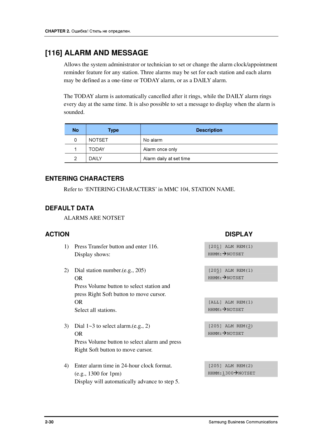 Samsung 7100 manual Alarm and Message, Type Description 