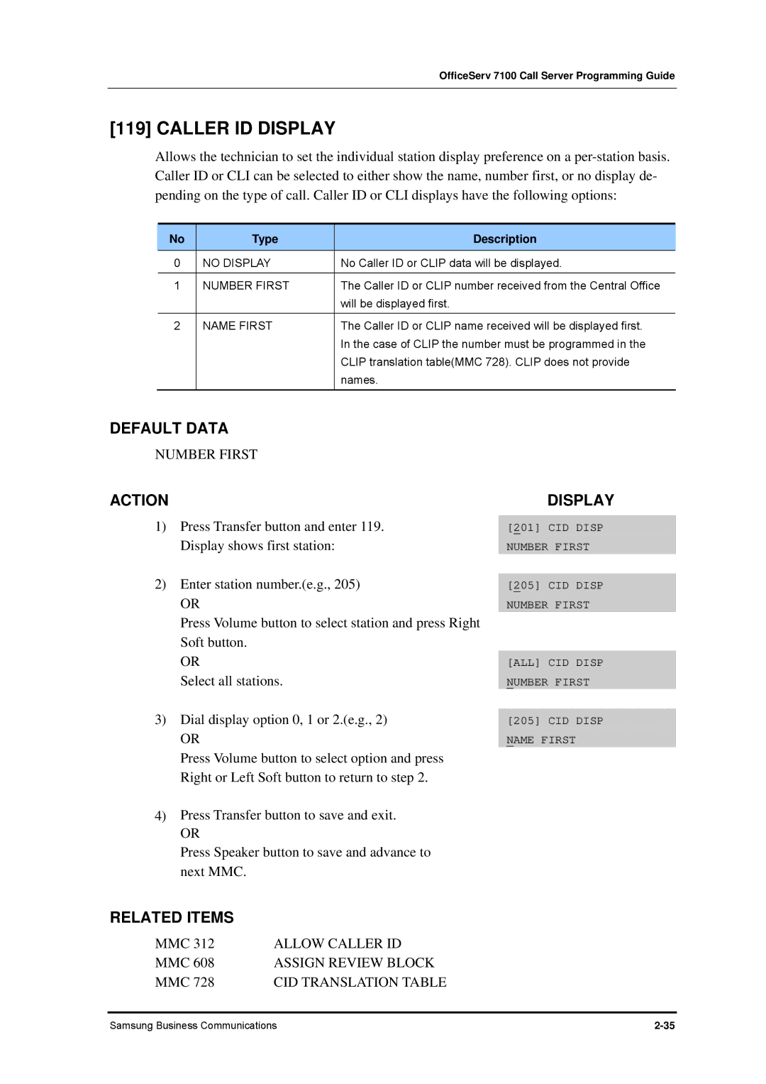 Samsung 7100 manual Caller ID Display, Number First, Allow Caller ID, Assign Review Block 