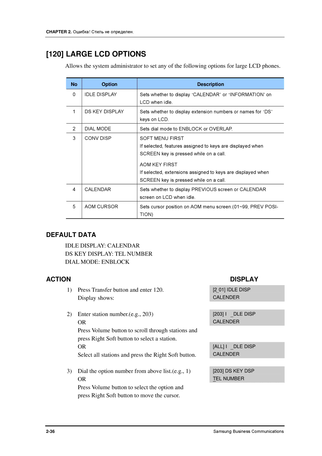 Samsung 7100 manual Large LCD Options, Option Description 