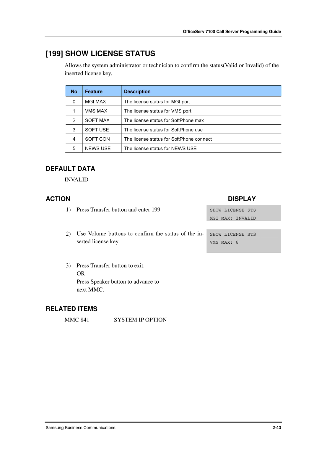 Samsung 7100 manual Show License Status, Invalid, Feature Description 