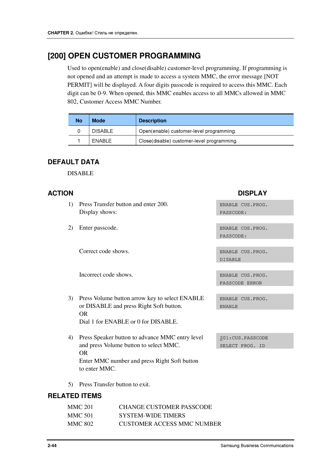 Samsung 7100 manual Open Customer Programming, Disable, Change Customer Passcode, SYSTEM-WIDE Timers 