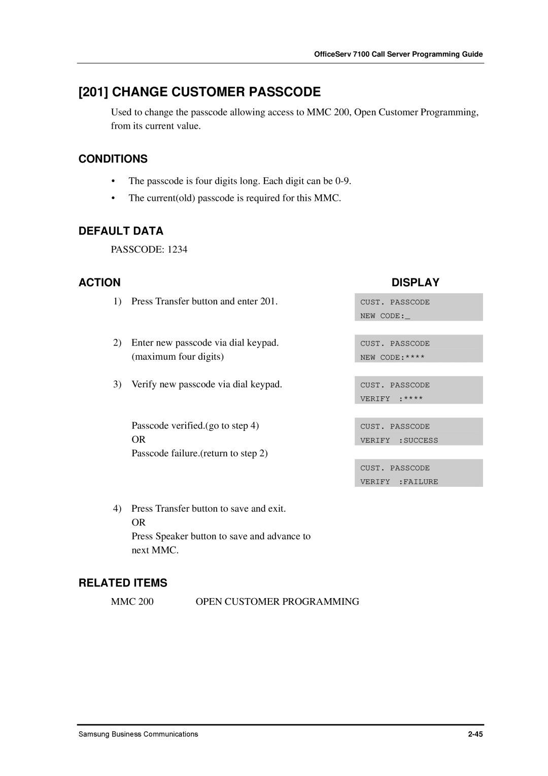 Samsung 7100 manual Change Customer Passcode 