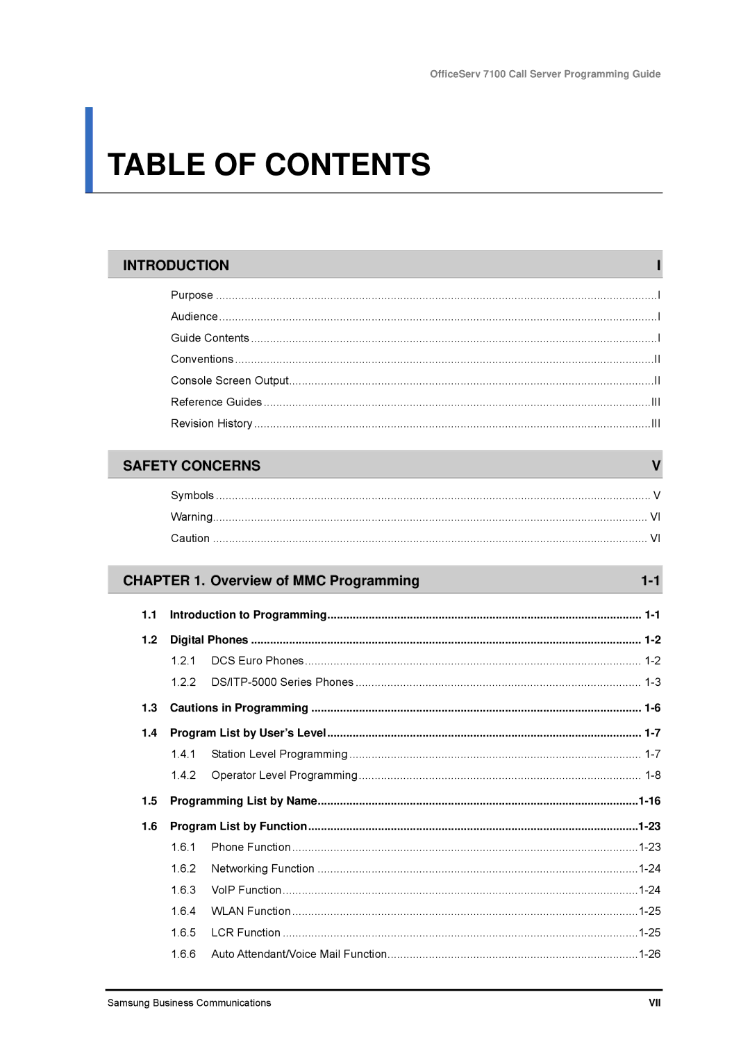 Samsung 7100 manual Table of Contents 