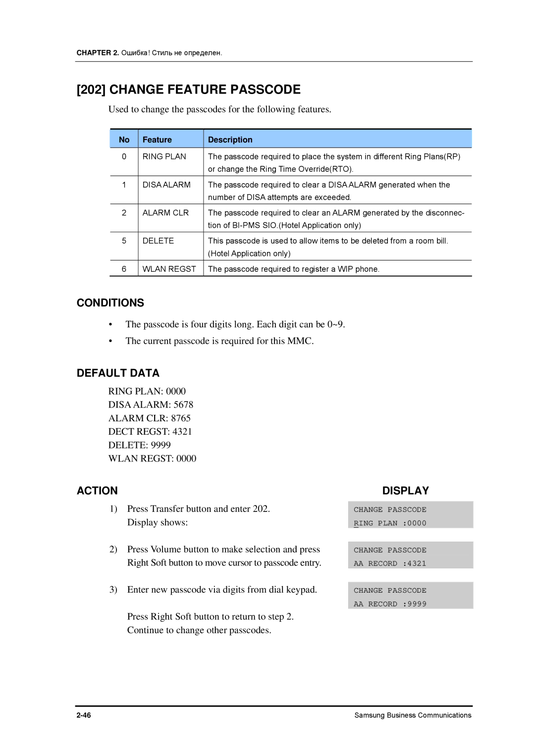 Samsung 7100 manual Change Feature Passcode, Ring Plan Disa Alarm Alarm CLR Dect Regst, Wlan Regst 