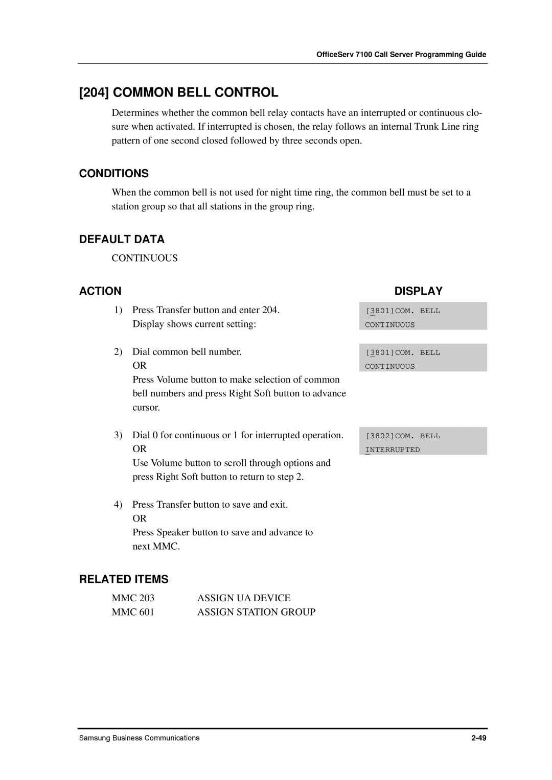 Samsung 7100 manual Common Bell Control, Continuous, Assign UA Device 