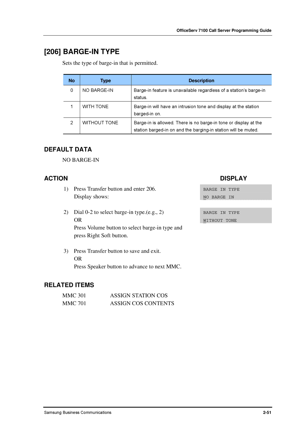 Samsung 7100 manual BARGE-IN Type, No BARGE-IN, With Tone, Without Tone 