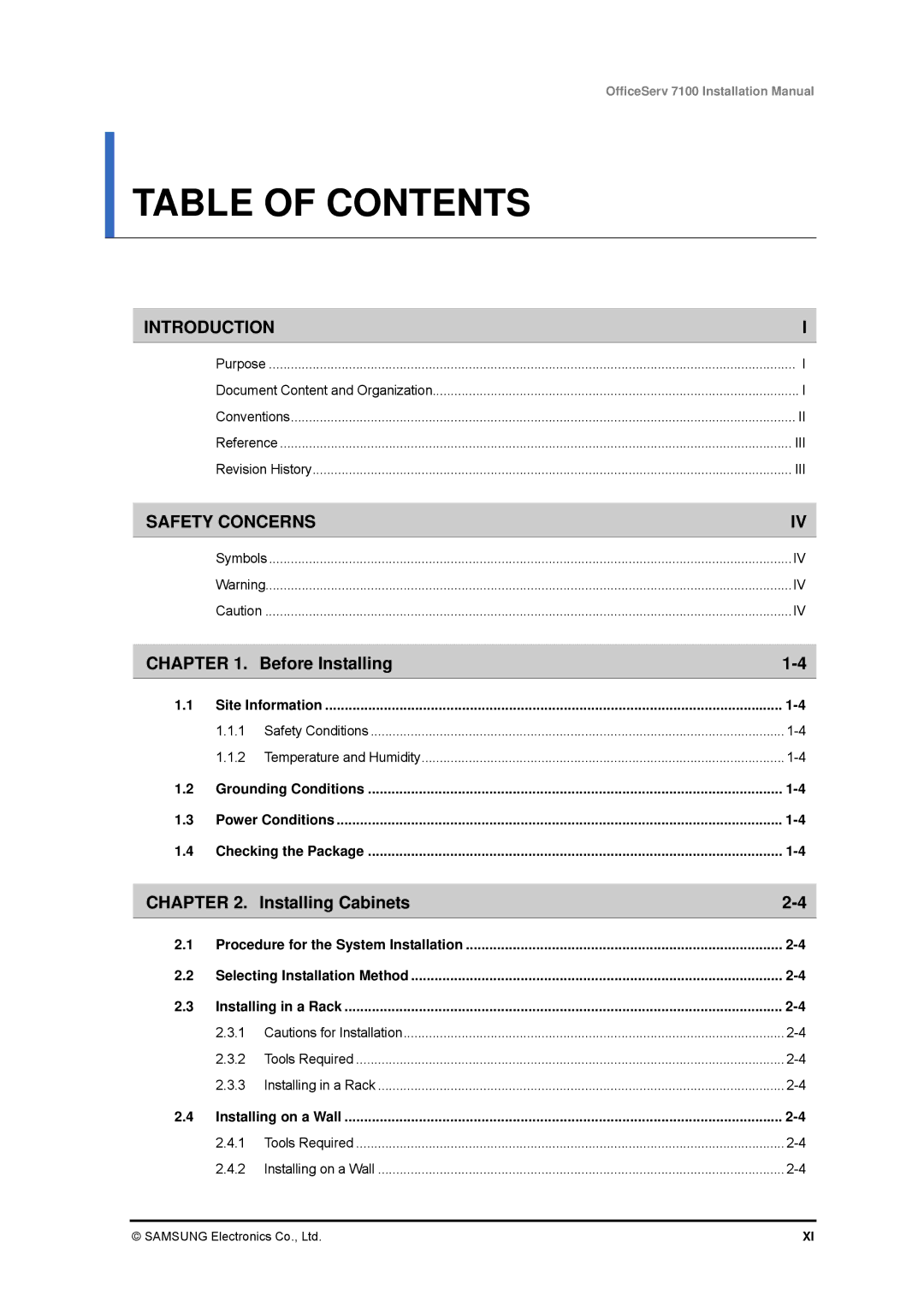 Samsung 7100 installation manual Table of Contents 