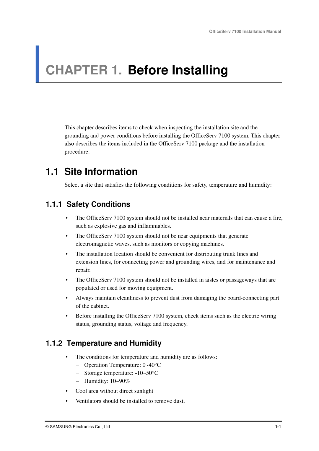 Samsung 7100 installation manual Before Installing, Site Information, Safety Conditions, Temperature and Humidity 