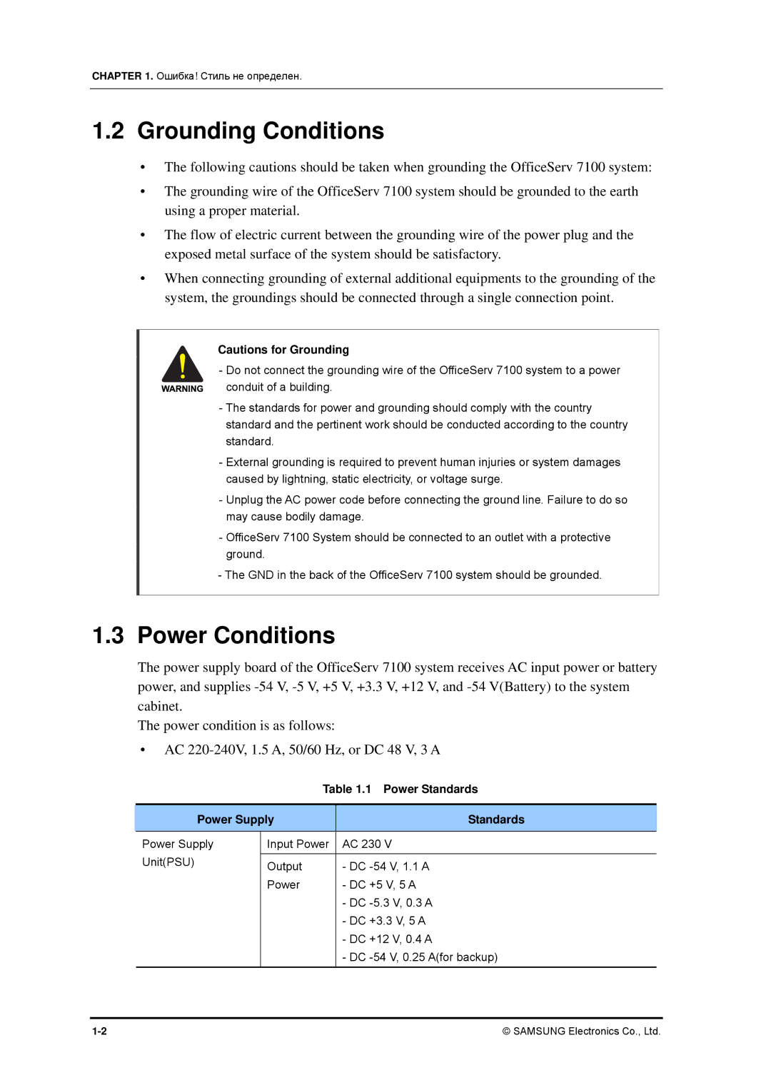 Samsung 7100 installation manual Grounding Conditions, Power Conditions, Power Standards Power Supply 