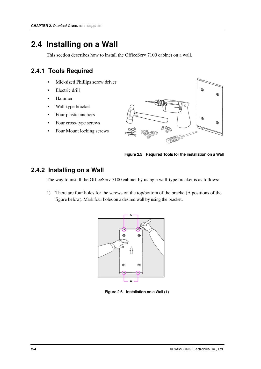 Samsung 7100 installation manual Installing on a Wall 