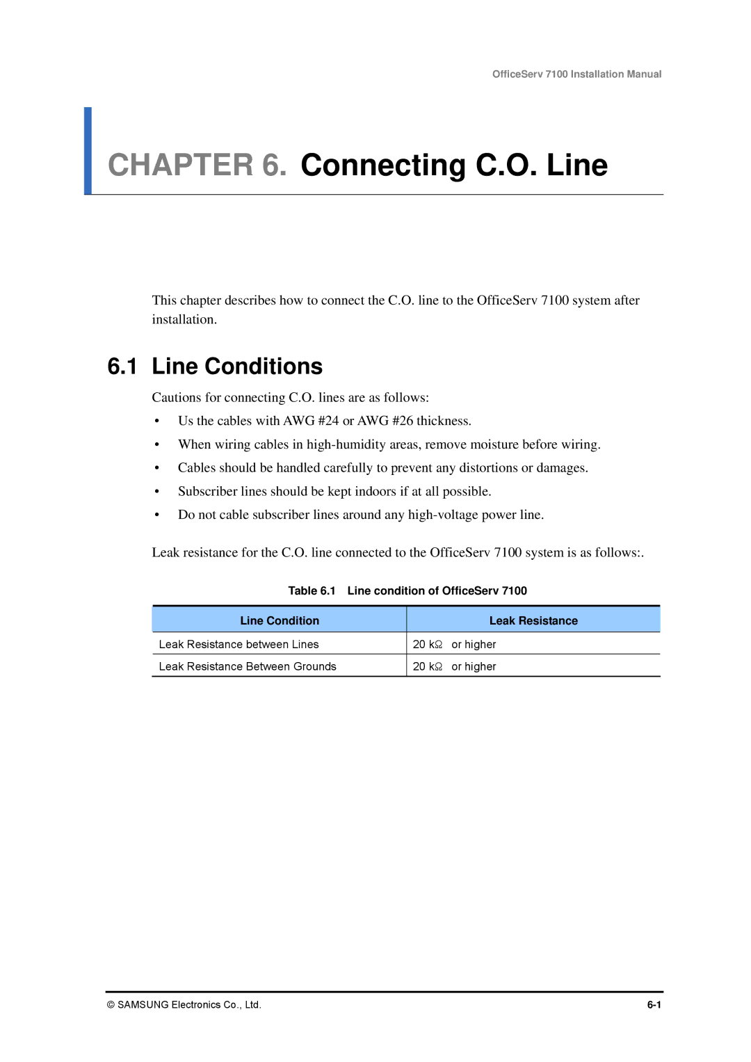 Samsung 7100 Connecting C.O. Line, Line Conditions, Line condition of OfficeServ Line Condition Leak Resistance 