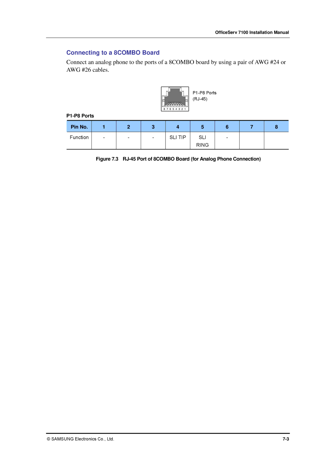 Samsung 7100 installation manual Connecting to a 8COMBO Board, RJ-45 Port of 8COMBO Board for Analog Phone Connection 