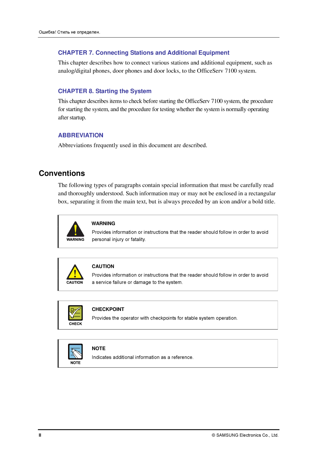 Samsung 7100 installation manual Conventions, Connecting Stations and Additional Equipment, Starting the System 