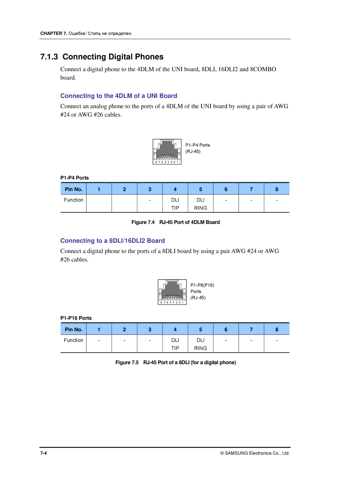 Samsung 7100 Connecting Digital Phones, Connecting to the 4DLM of a UNI Board, Connecting to a 8DLI/16DLI2 Board 