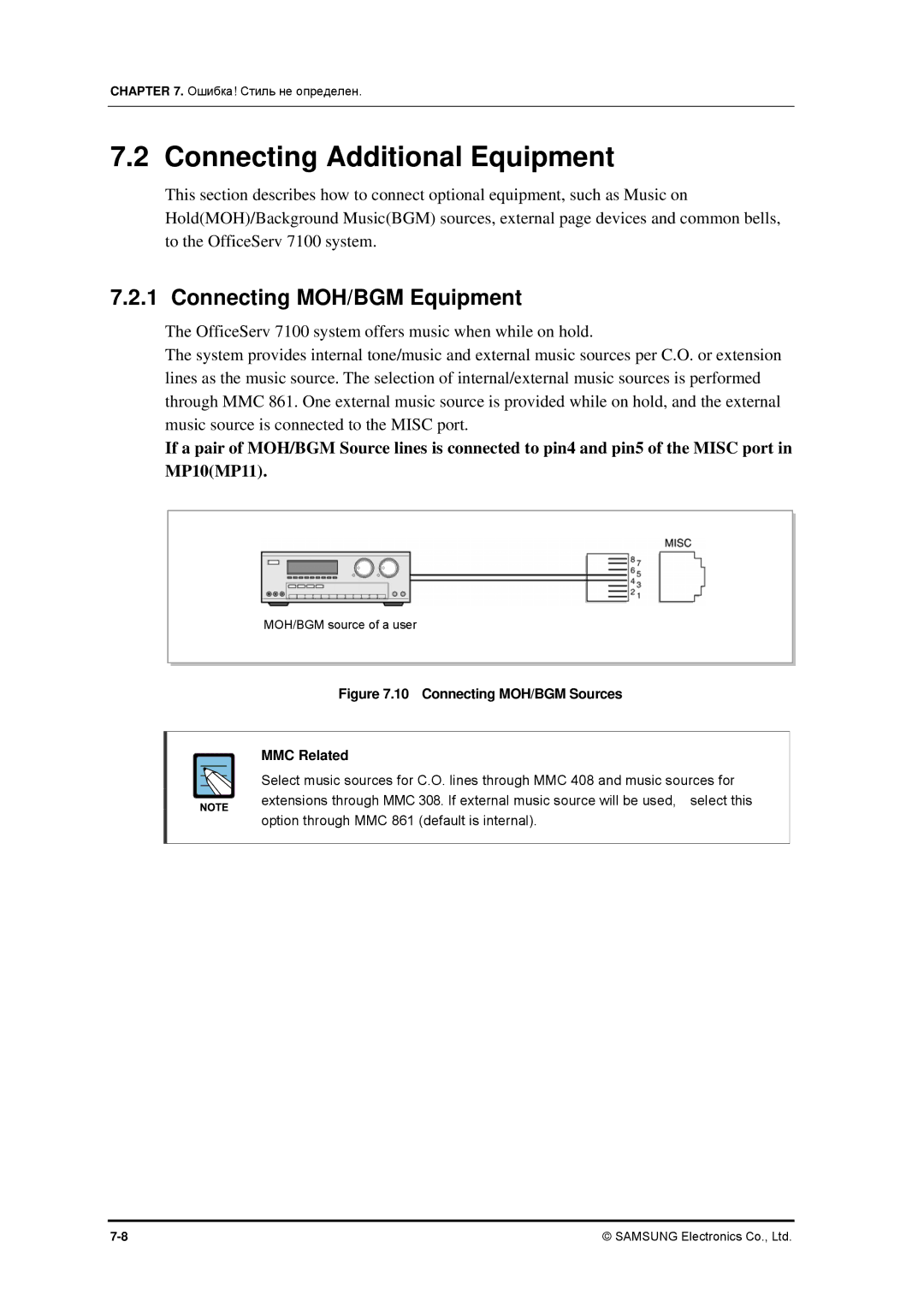 Samsung 7100 installation manual Connecting Additional Equipment, Connecting MOH/BGM Equipment 