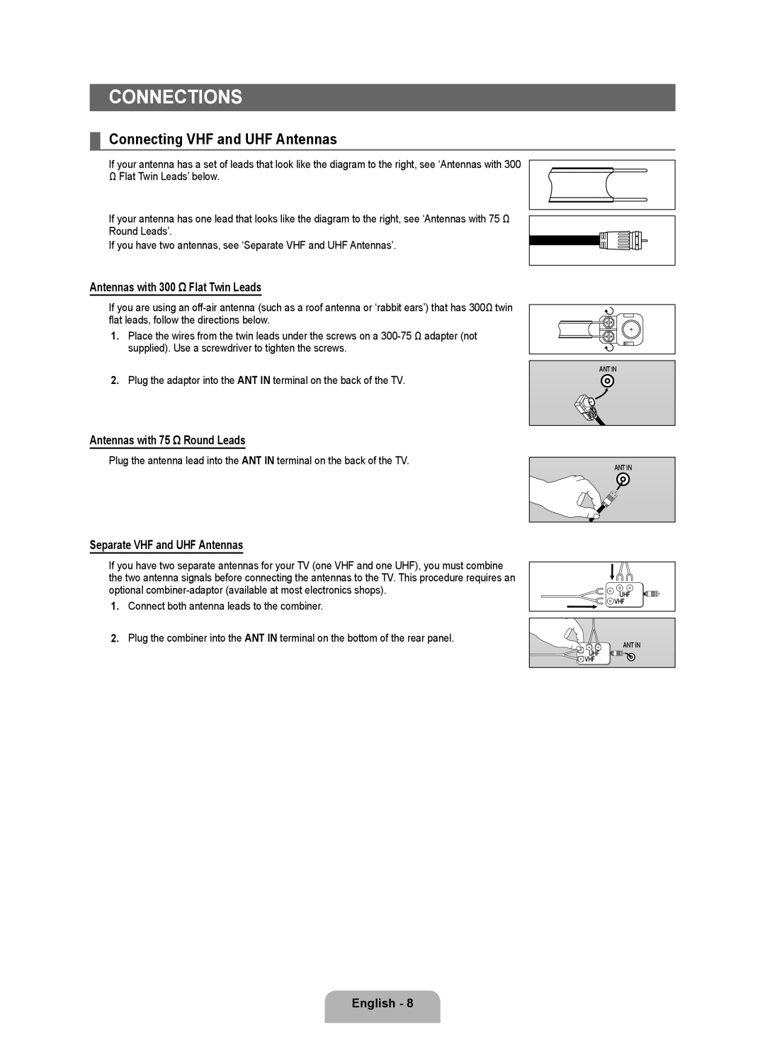 Samsung 71000 Connecting VHF and UHF Antennas, Antennas with 300 Ω Flat Twin Leads, Antennas with 75 Ω Round Leads 