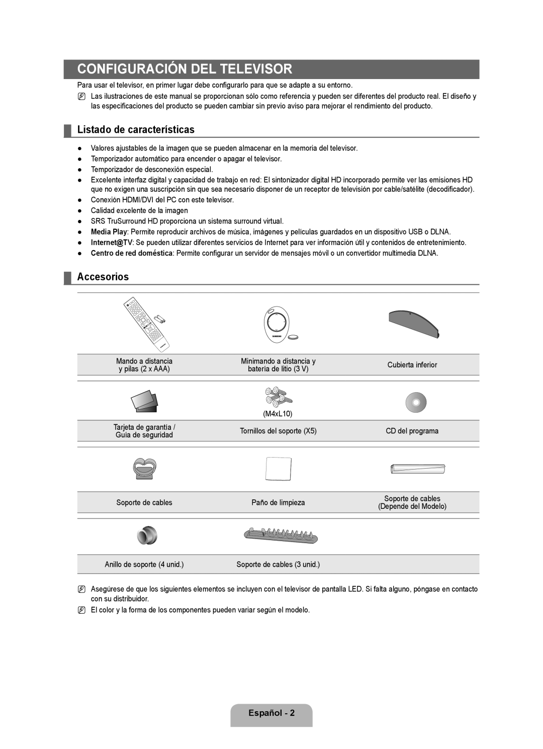 Samsung 71000 user manual Listado de características, Accesorios, Soporte de cables Paño de limpieza 