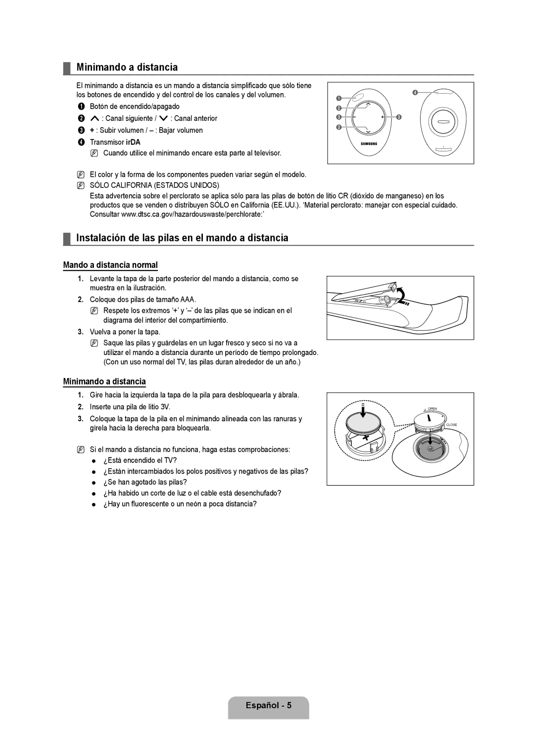 Samsung 71000 user manual Minimando a distancia, Instalación de las pilas en el mando a distancia, Mando a distancia normal 