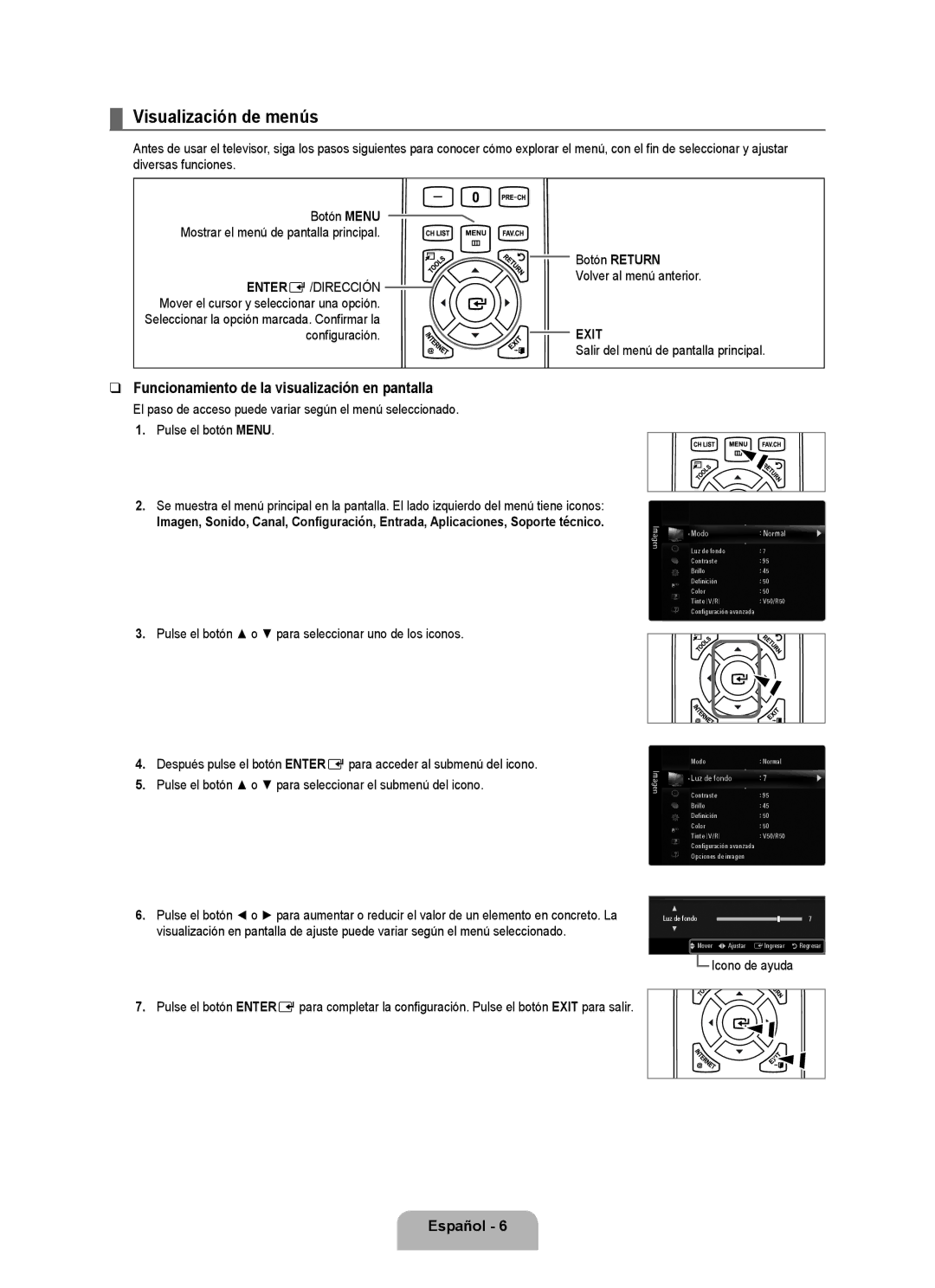 Samsung 71000 Visualización de menús, Funcionamiento de la visualización en pantalla, Botón Return Volver al menú anterior 