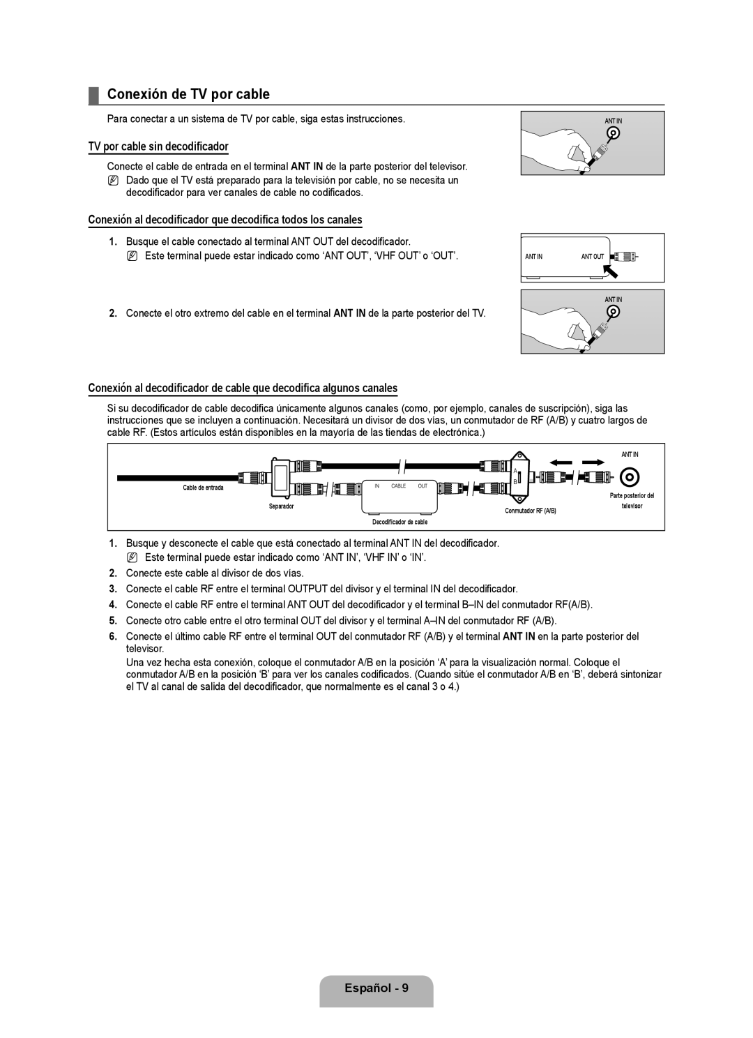 Samsung 71000 user manual Conexión de TV por cable, TV por cable sin decodificador 