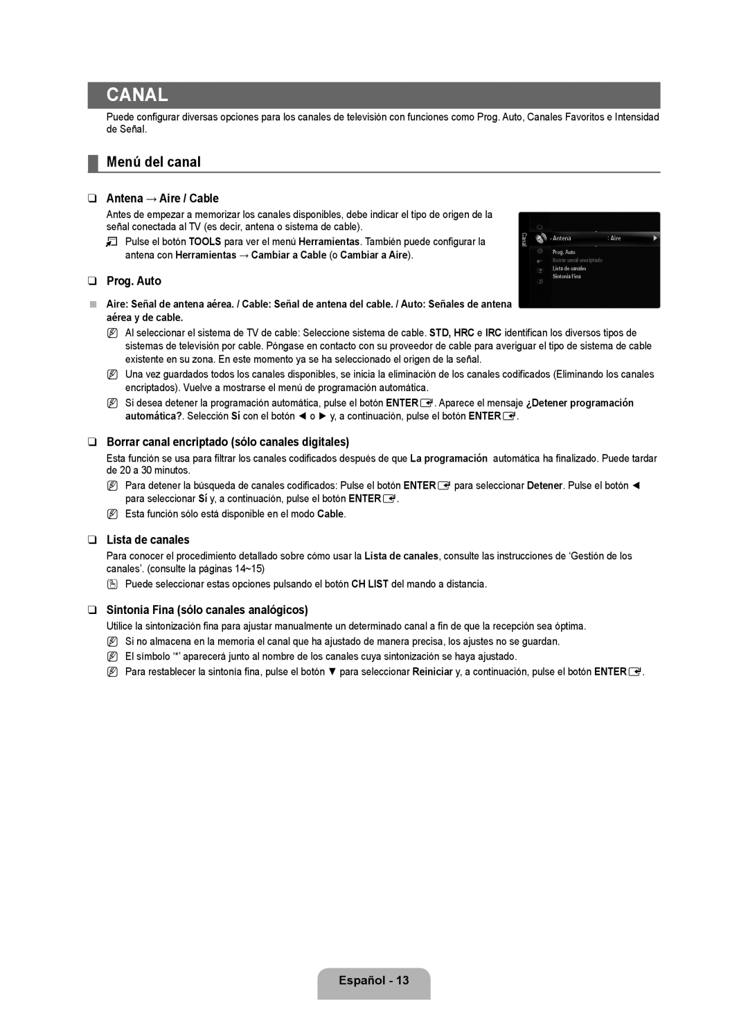 Samsung 71000 user manual Canal, Menú del canal 