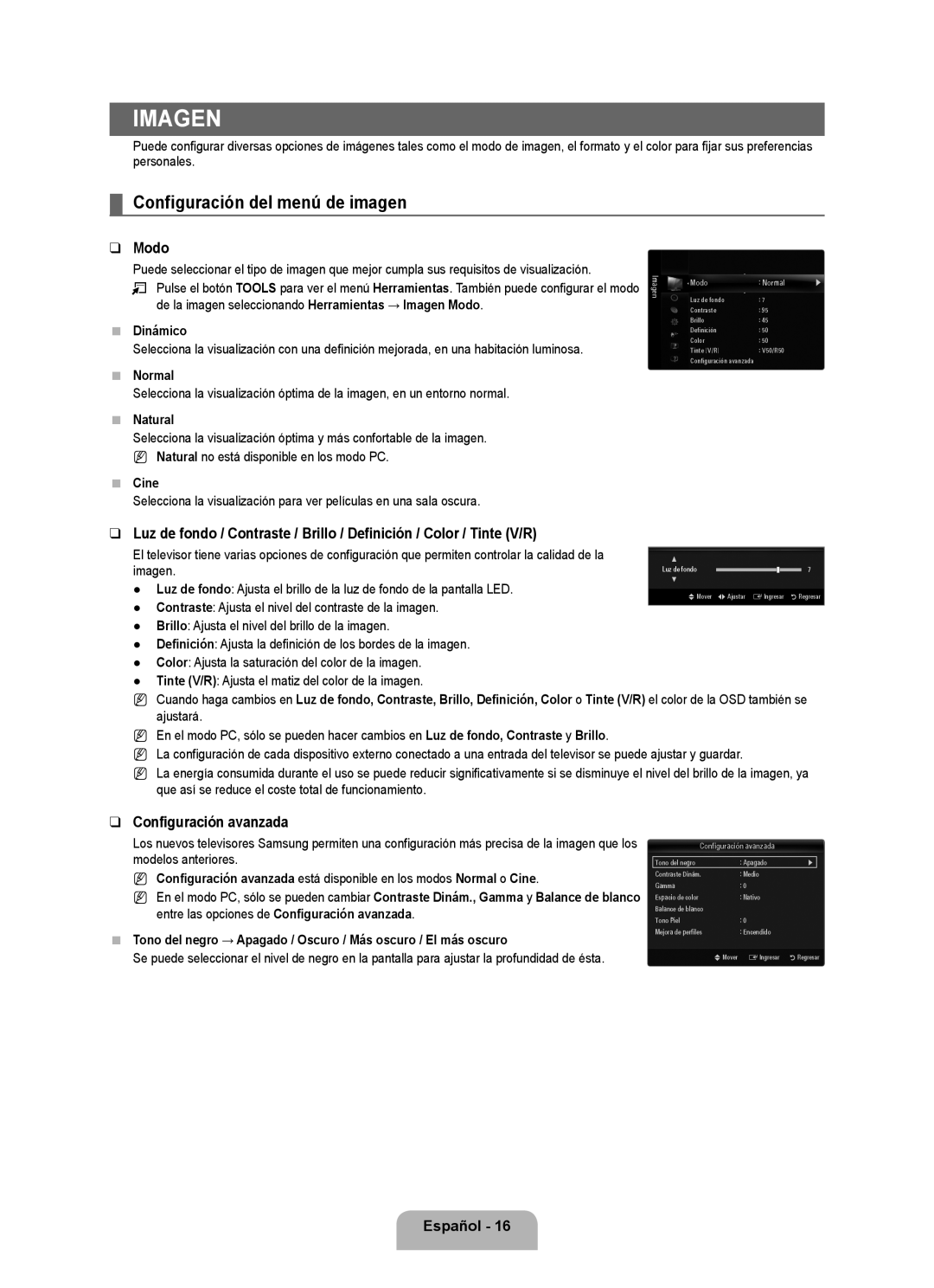 Samsung 71000 user manual Imagen, Configuración del menú de imagen, Modo, Configuración avanzada 