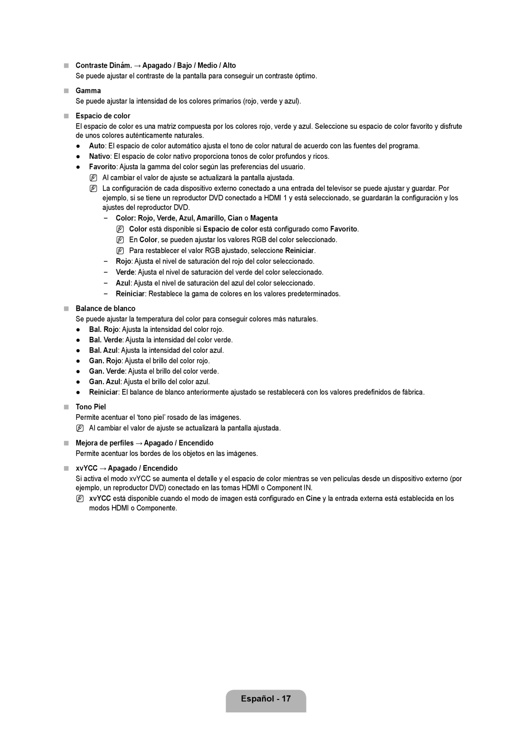 Samsung 71000 user manual Contraste Dinám. → Apagado / Bajo / Medio / Alto, Espacio de color, Balance de blanco, Tono Piel 