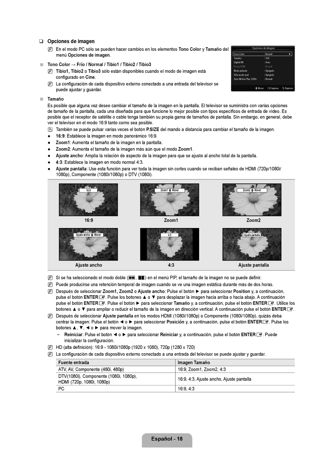 Samsung 71000 user manual Opciones de imagen, Tono Color → Frío / Normal / Tibio1 / Tibio2 / Tibio3, Tamaño 