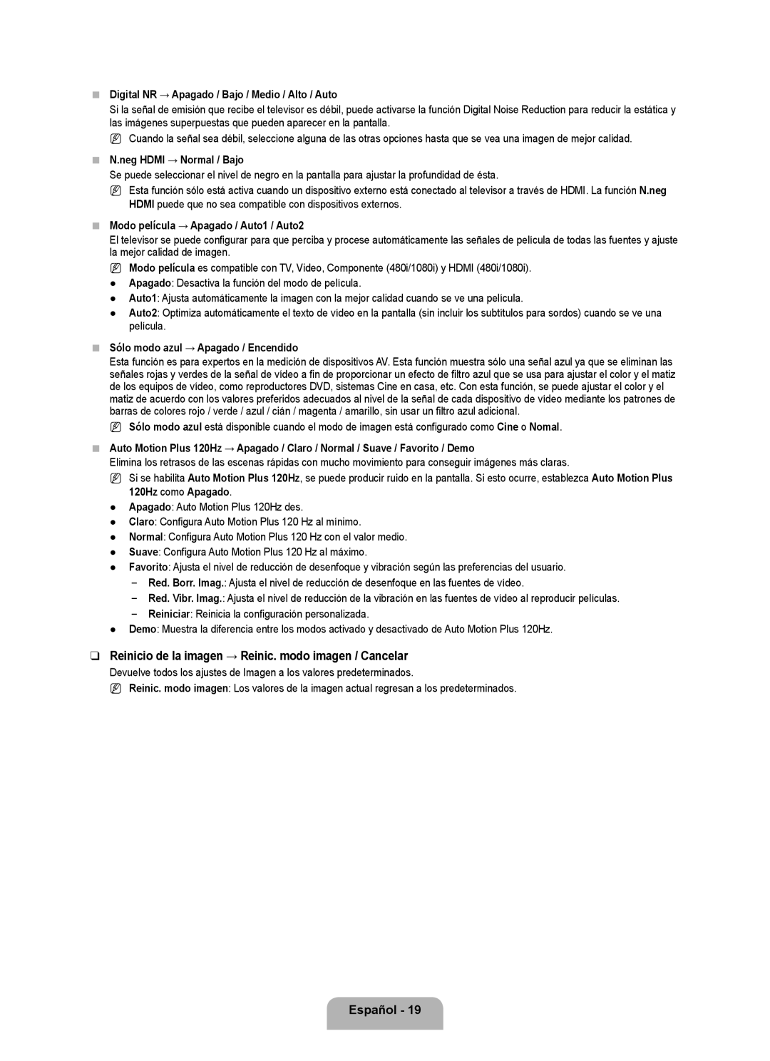 Samsung 71000 Reinicio de la imagen → Reinic. modo imagen / Cancelar, Digital NR → Apagado / Bajo / Medio / Alto / Auto 