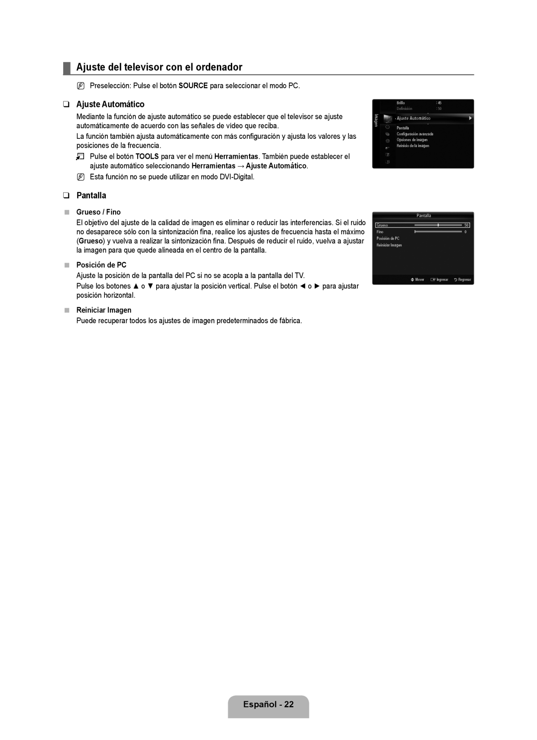 Samsung 71000 user manual Ajuste del televisor con el ordenador, Ajuste Automático, Pantalla 