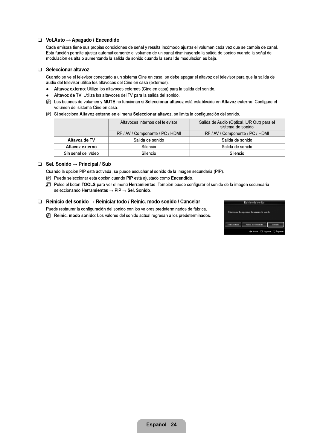 Samsung 71000 Vol.Auto → Apagado / Encendido, Seleccionar altavoz, Sel. Sonido → Principal / Sub, Reinicio del sonido 