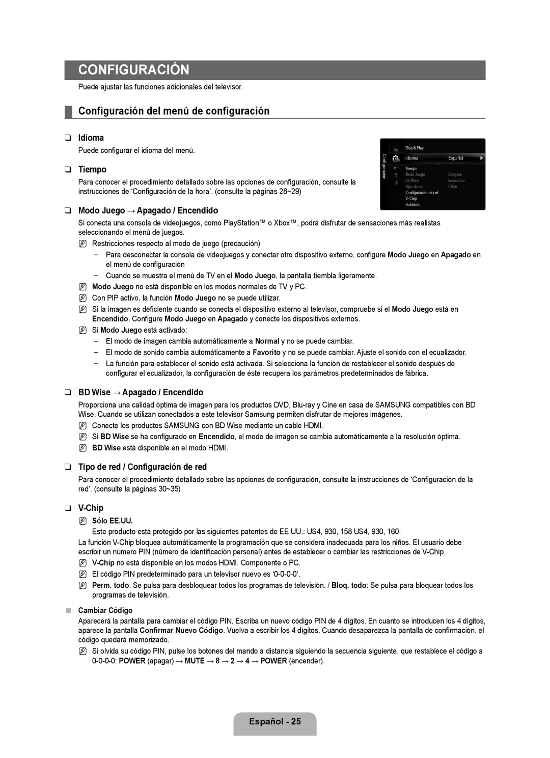 Samsung 71000 user manual Configuración del menú de configuración 