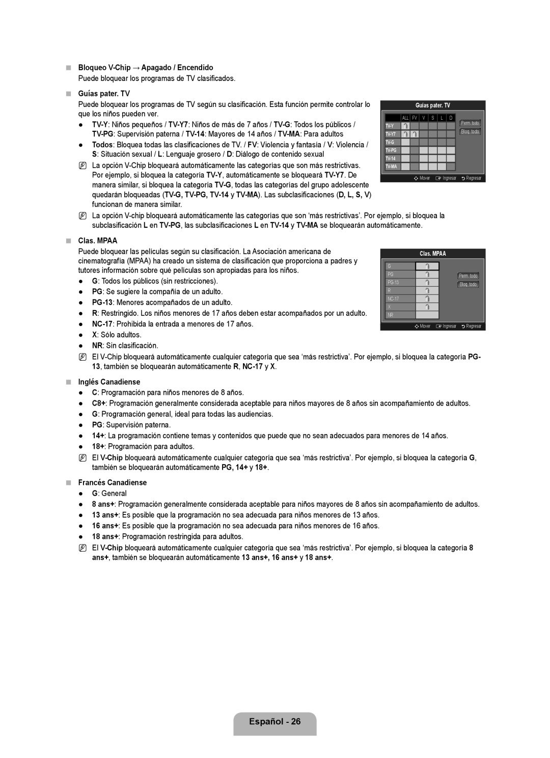 Samsung 71000 Bloqueo V-Chip → Apagado / Encendido, Guías pater. TV, Clas. Mpaa, Inglés Canadiense, Francés Canadiense 