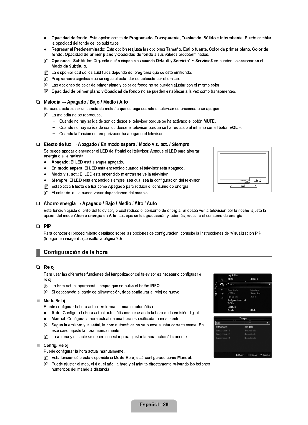 Samsung 71000 user manual Configuración de la hora, Melodía → Apagado / Bajo / Medio / Alto, Reloj 