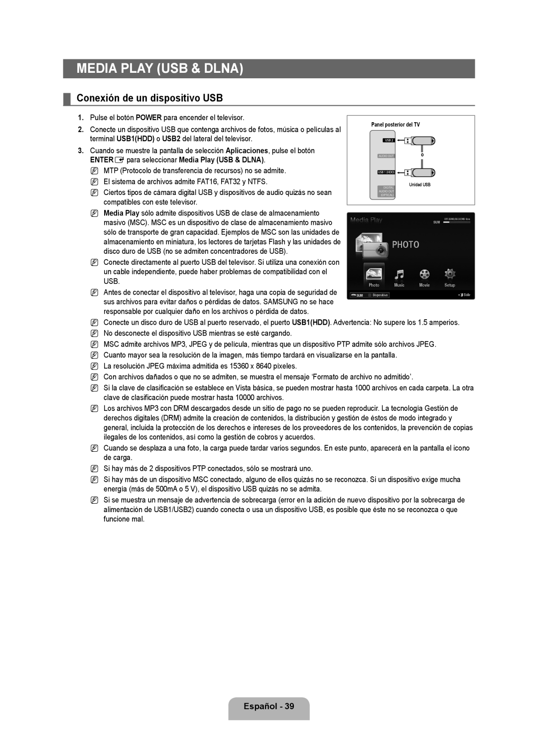 Samsung 71000 user manual Conexión de un dispositivo USB, ENTEREpara seleccionar Media Play USB & Dlna 