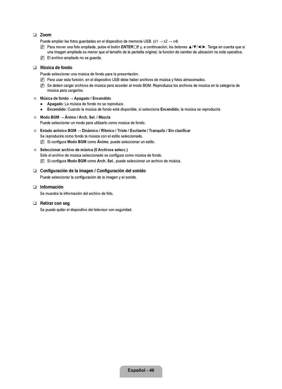 Samsung 71000 user manual Música de fondo, Configuración de la imagen / Configuración del sonido 