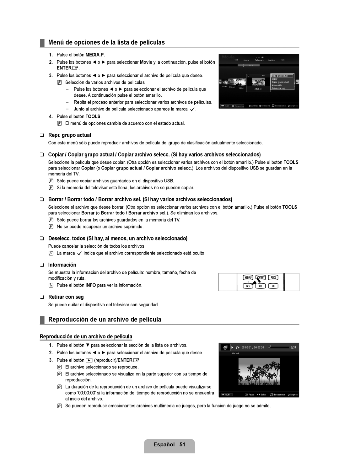 Samsung 71000 user manual Menú de opciones de la lista de películas, Reproducción de un archivo de película 