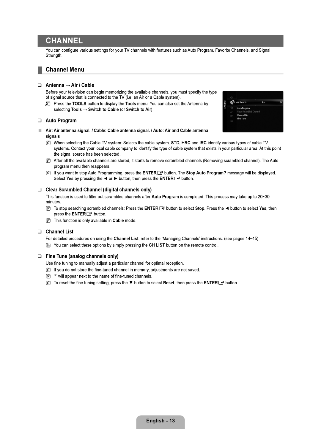 Samsung 71000 user manual Channel Menu 